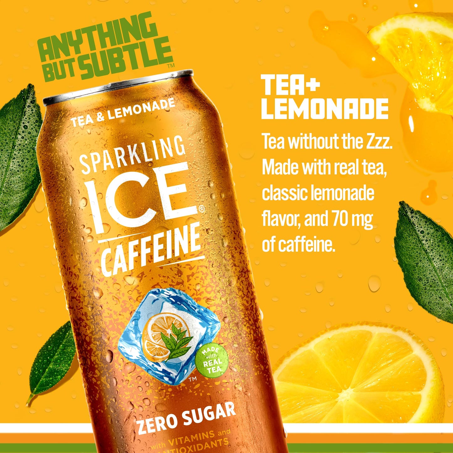 Sparkling Ice Caffeine Tea + Lemonade Sparkling Water, Zero Sugar, 16 Fl Oz Cans, Pack of 12