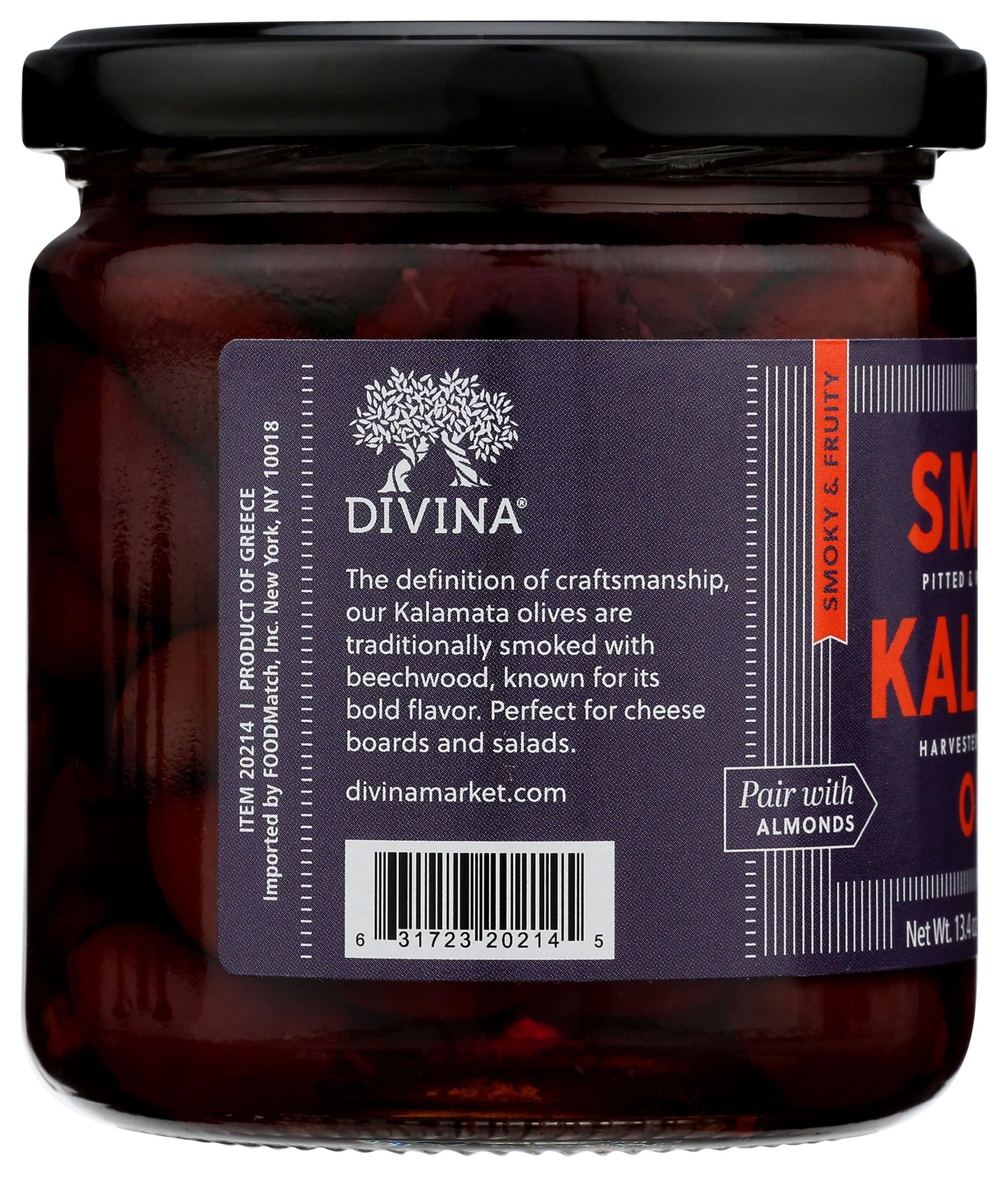 Divina Smoked Kalamata Olives, 13.4 Ounce, Pitted, Mediterranean Flavor