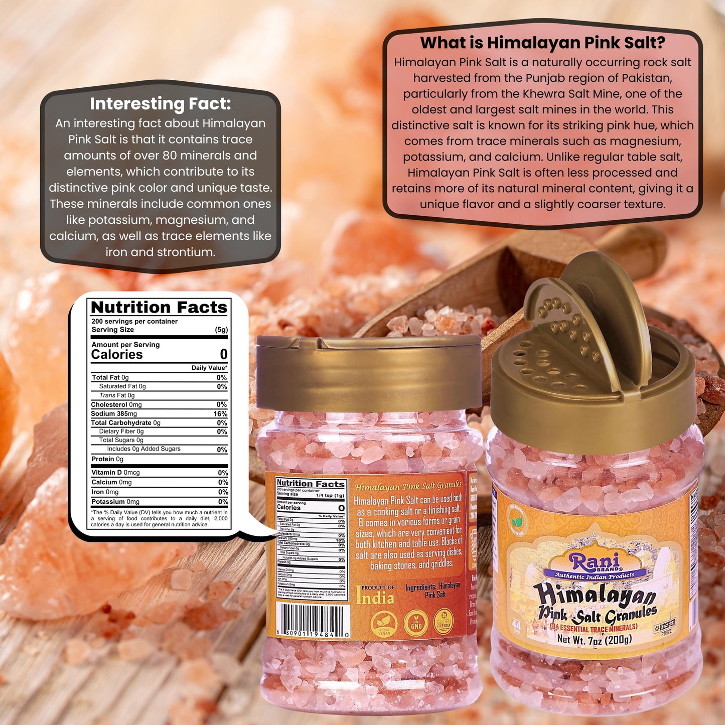 Rani Himalayan Pink Salt Granules (84 Essential Trace Minerals) 7oz (200g) PET Jar ~ All Natural | Vegan | Gluten Friendly | NON