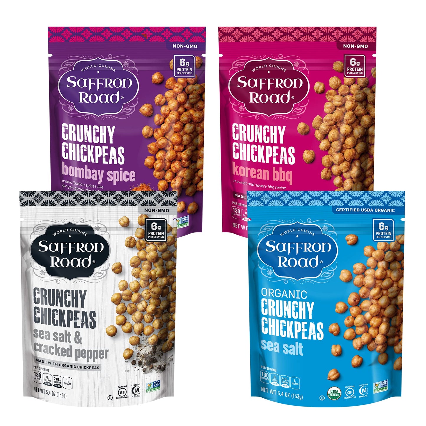 Saffron Road Roasted and Crunchy Bombay Spice, Korean BBQ, Sea Salt & Cracked Pepper Chickpeas | High Protein Snacks | Gluten-fr