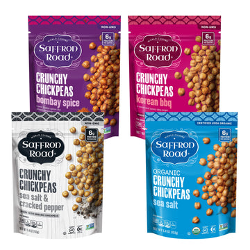 Saffron Road Roasted and Crunchy Bombay Spice, Korean BBQ, Sea Salt & Cracked Pepper Chickpeas | High Protein Snacks | Gluten-fr
