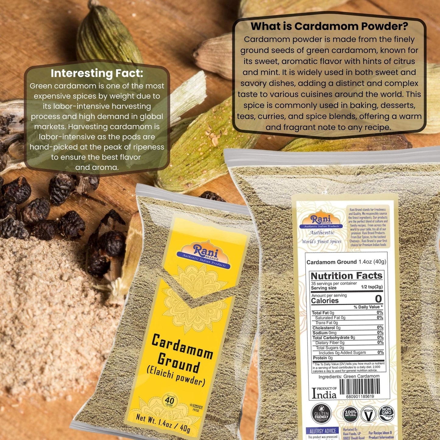 Rani Cardamom (Elachi) Ground, Powder Indian Spice 1.4Oz (40G) ~ All Natural | No Color Added | Gluten Friendly | Vegan | Non-Gmo | Kosher | No Salt Or Fillers