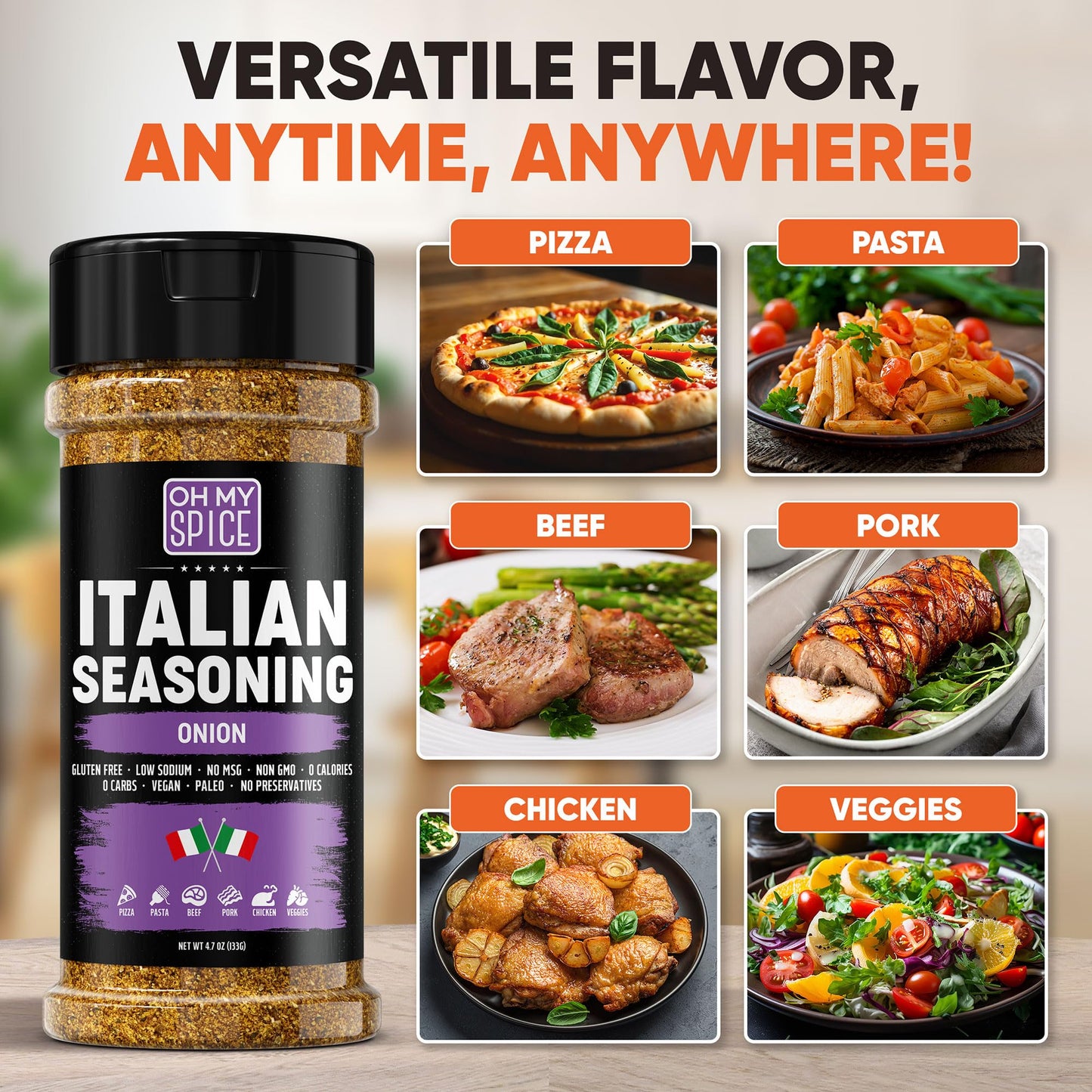 Italian Seasoning Blend Onion Powder Mix - Gluten Free & Low Sodium Pizza Seasoning For Bruschetta & Spaghetti. Mediterranean Sw