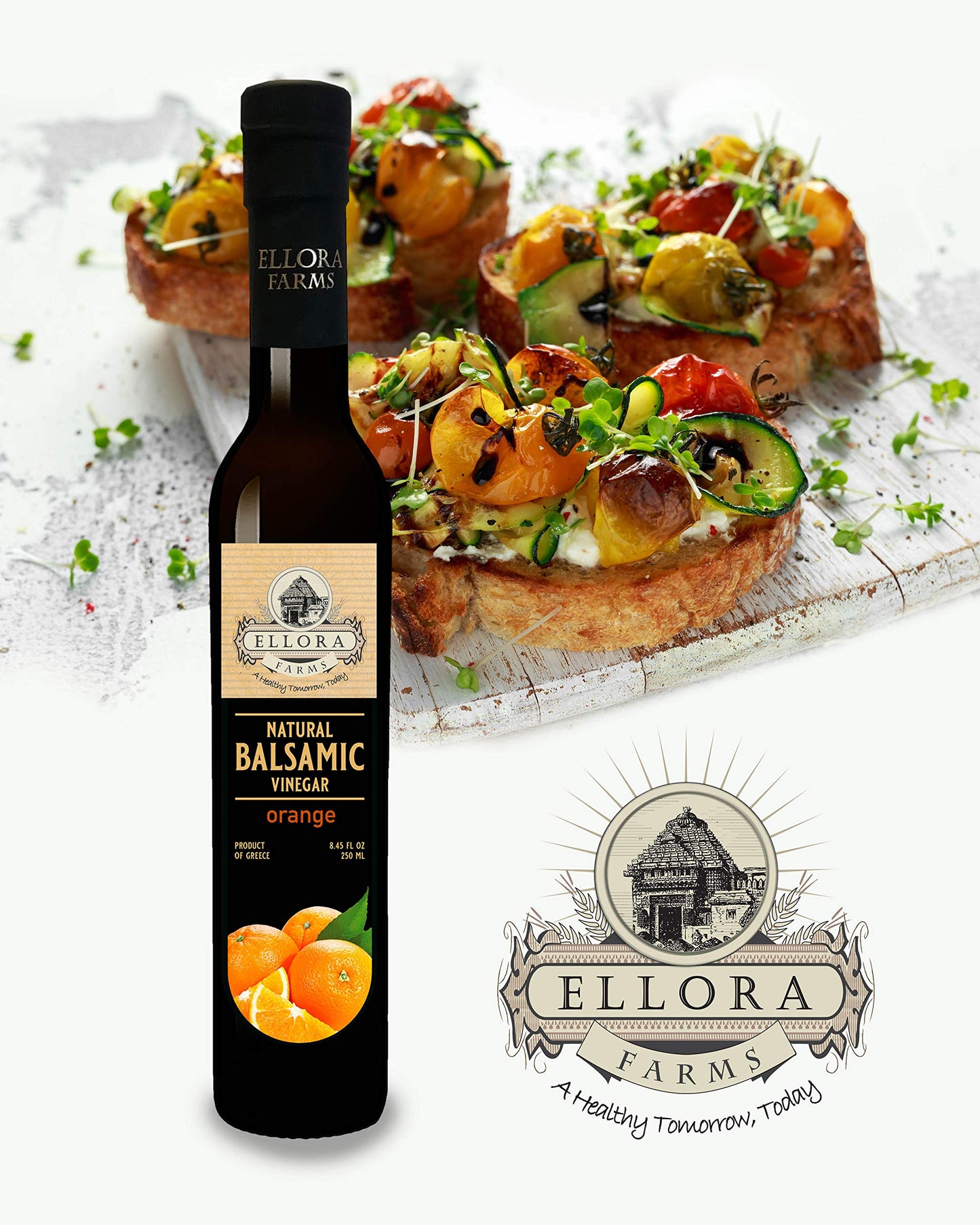 Ellora Farms, Orange Infused Aged Balsamic Vinegar, No-Added Sugars, No-Preservatives, 8.5 Oz (250 Ml) Glass Bottle, Pack Of 1