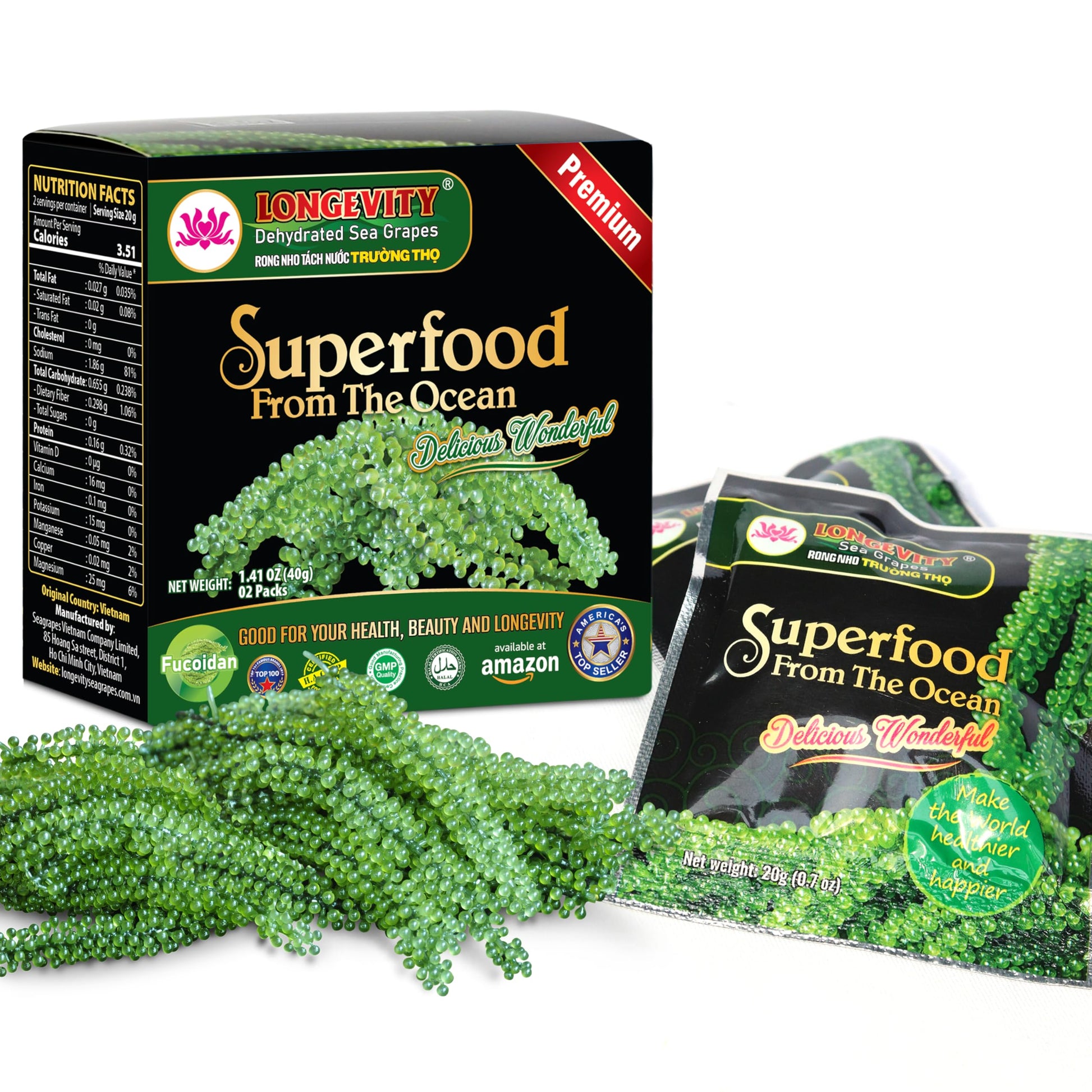 LONGEVITY Dehydrated Sea Grapes, 1.4 oz of (Pack of 2), Umibudo Green Caviar, Lato Seaweed | Enhance Health, Boosting Immune Sys