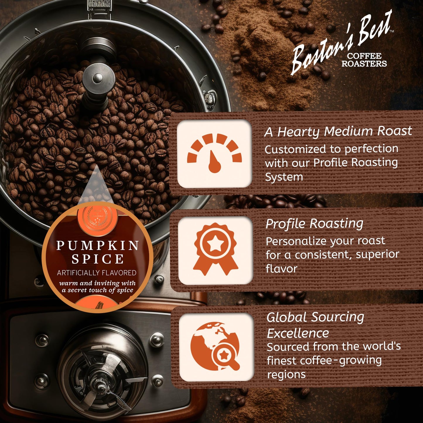 Bostons Best Pumpkin Spice Coffee, Medium Roast, 11 oz Ground Coffee, Multi-Color, Gourmet Flavor