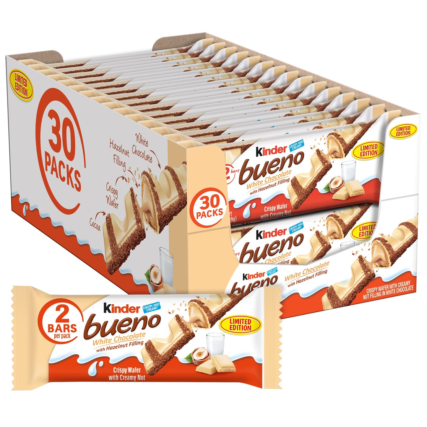 Kinder Bueno White Chocolate Hazelnut Candy Bar, 1.4 oz Each, 30 Pack - Limited Edition