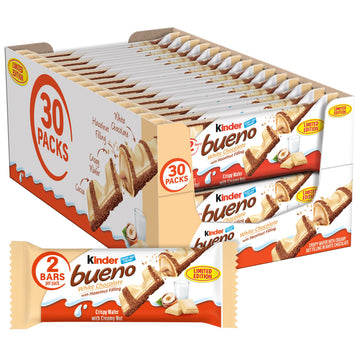 Kinder Bueno White Chocolate Hazelnut Candy Bar, 1.4 oz Each, 30 Pack - Limited Edition