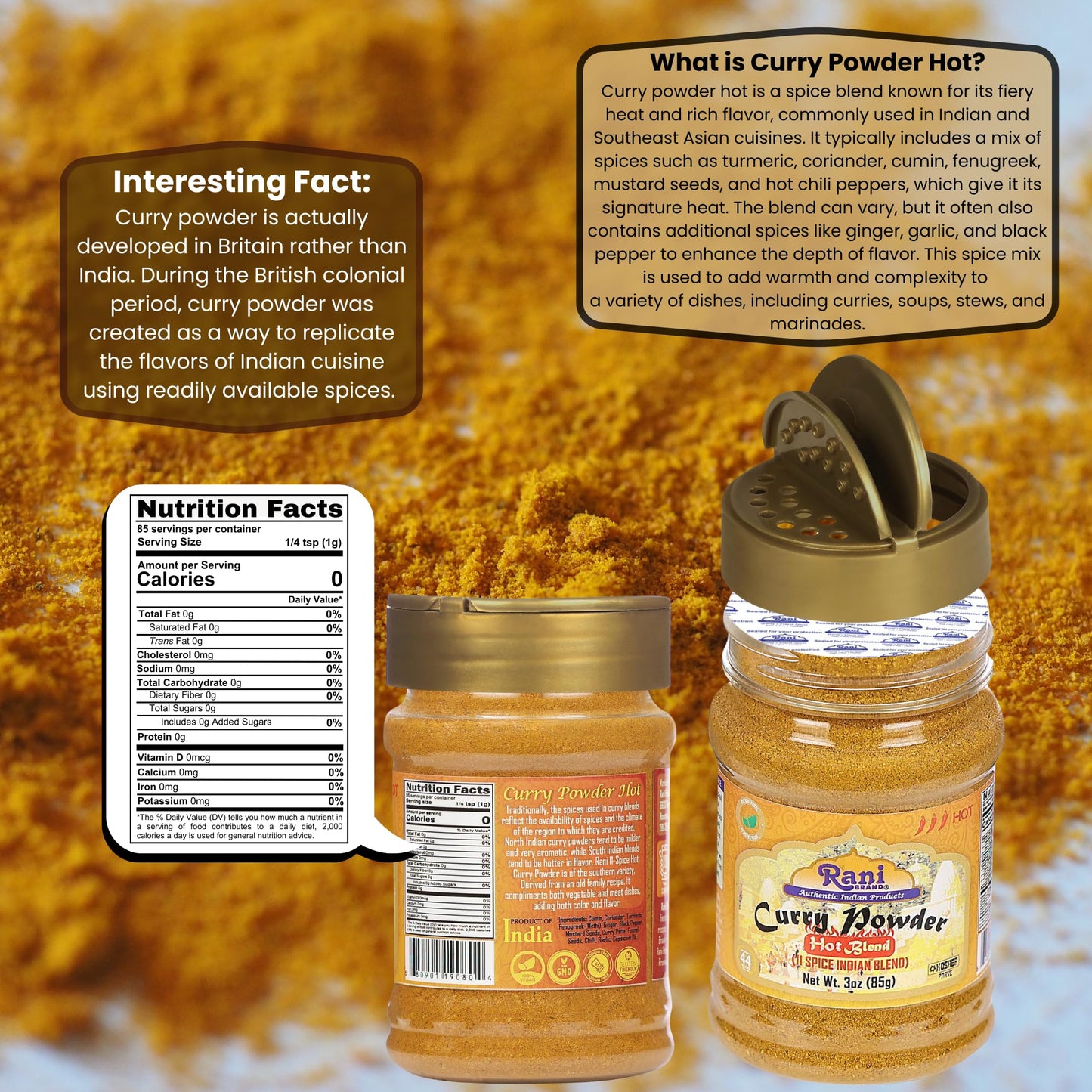 Rani Curry Powder Hot (11-Spice Authentic Indian Blend) 3Oz (85G) Pet Jar  All Natural  Salt-Free  Vegan  No Colors  Gluten Frie