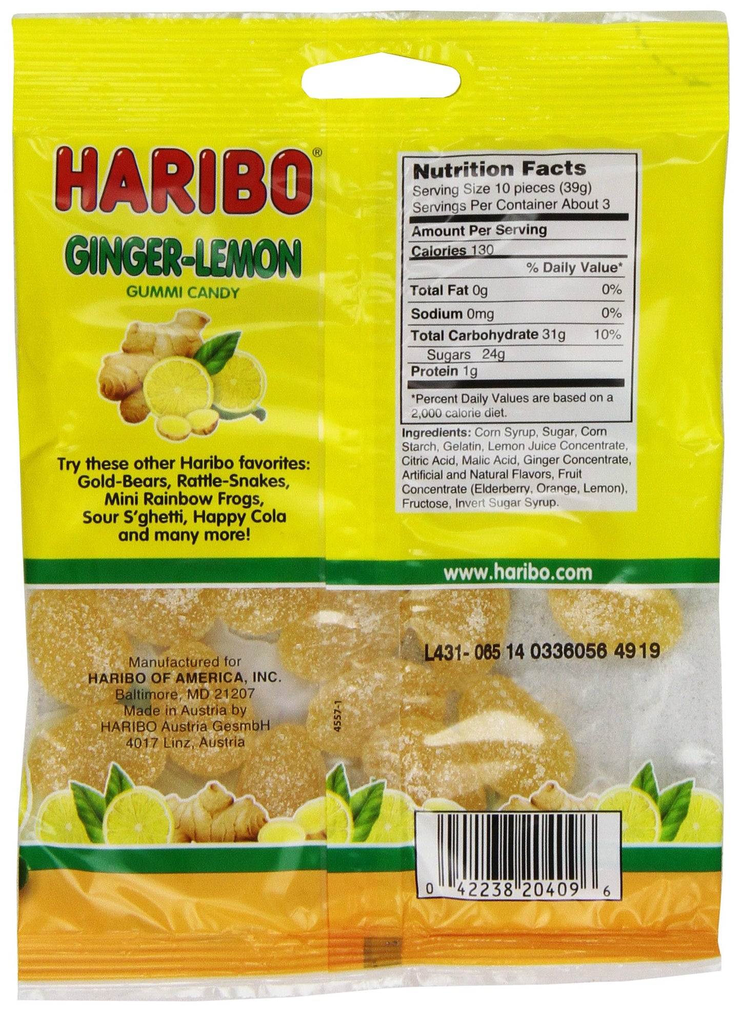 Haribo Gummi Candy, Ginger-Lemon Gummy Candy, 5 Ounce Share Size Bags (Pack Of 12) Delicious Soft & Chewy Sweet Snacks, Zesty Lemon & Warm Ginger Flavor