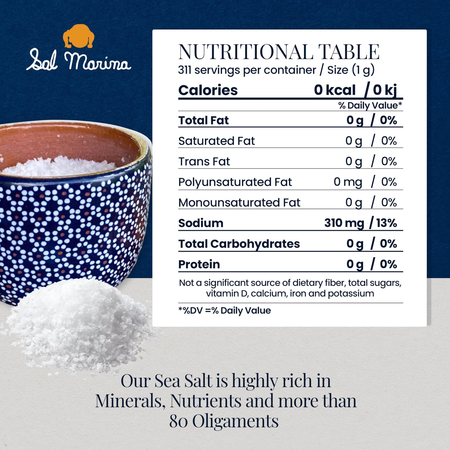 SAL MARINA Sea Salt | Unrefined Kosher Salt 11oz | Vegan Gluten Free Organic Seasoning