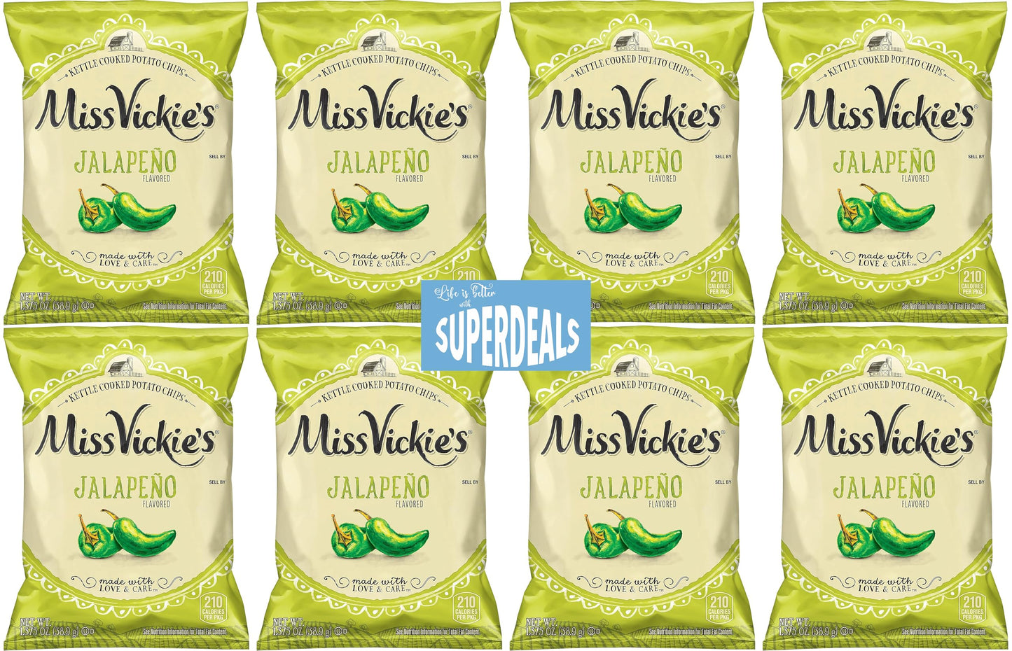 Kettle Cooked Potato Chips by Miss Vickie's Value Pack Bundled by SUPERDEALS | 1.375 Oz Bag | Jalapeno | Pack of 8 with mystery 