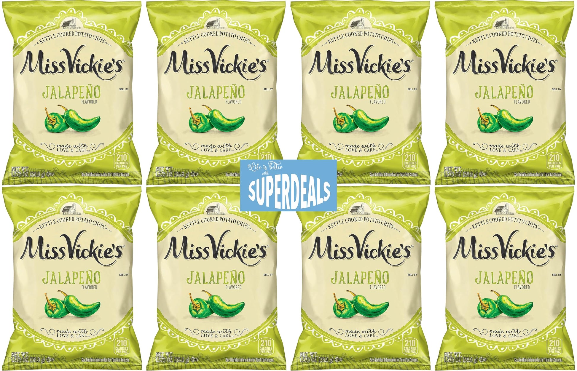 Kettle Cooked Potato Chips by Miss Vickie's Value Pack Bundled by SUPERDEALS | 1.375 Oz Bag | Jalapeno | Pack of 8 with mystery 