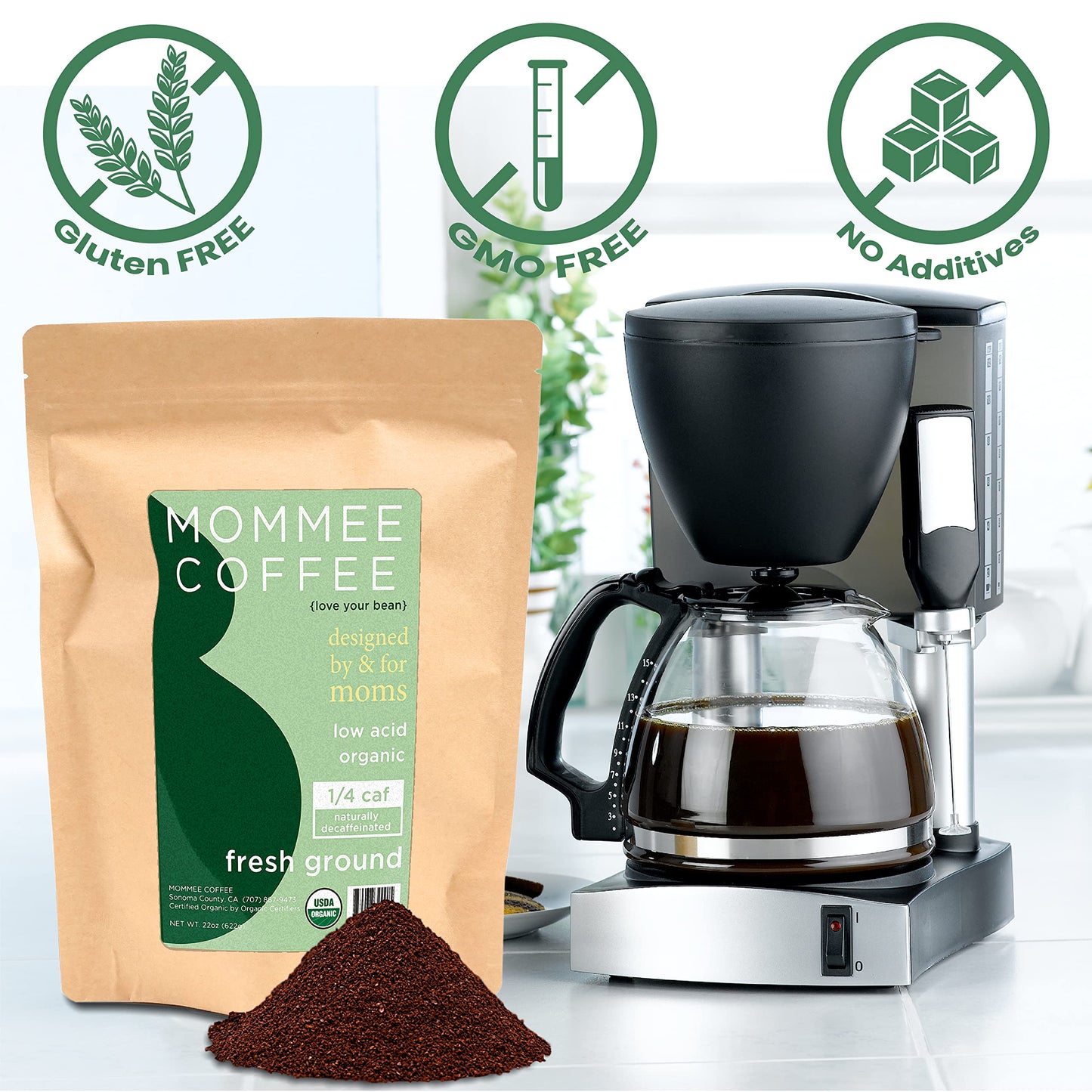 Mommee Coffee - Quarter Caf | Low Acid, Organic, Fair Trade, Water Processed | Ground, 22Oz.