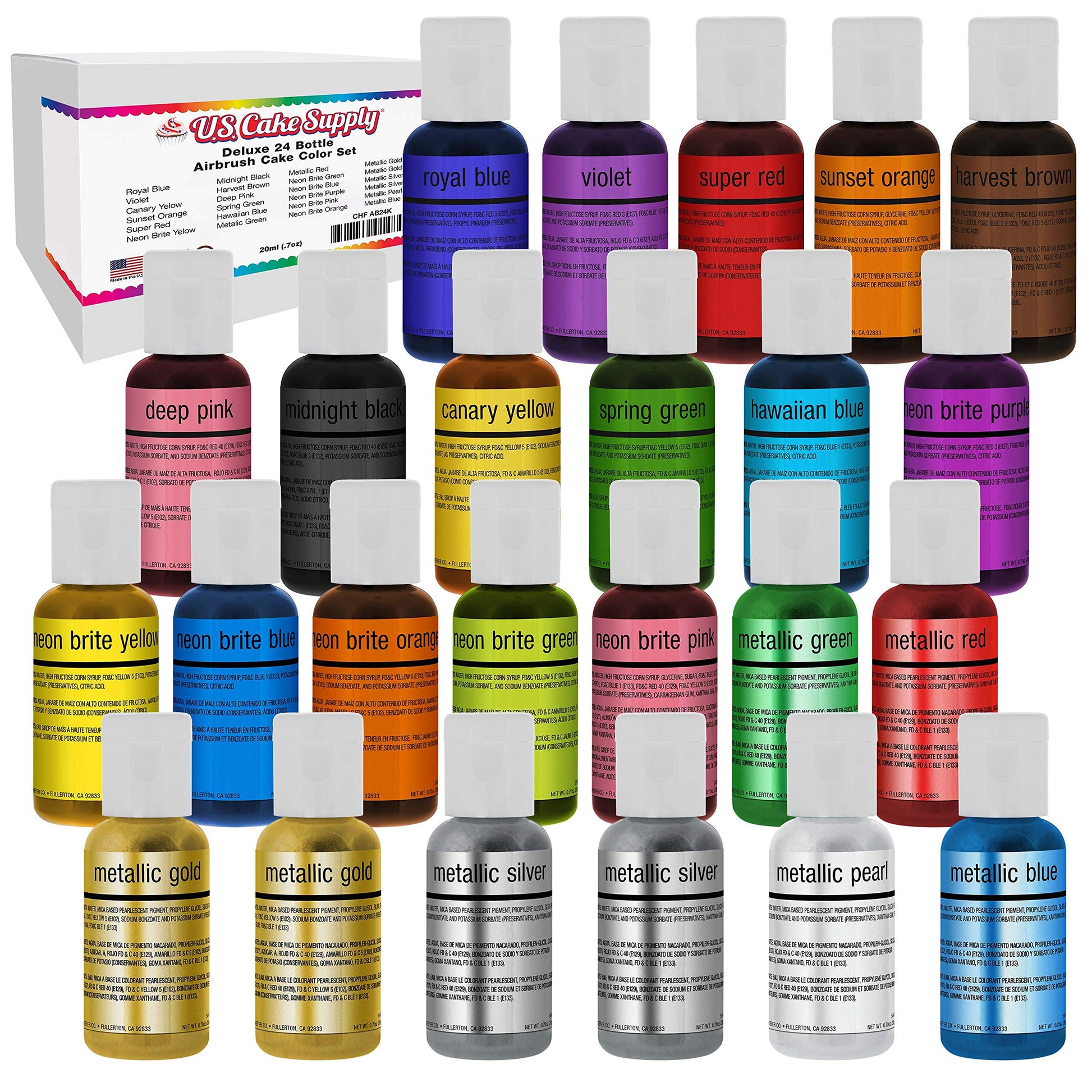 U.S. Cake Supply Deluxe 24 Bottle Airbrush Cake Color Set - The 22 Most Popular Colors In 0.7 Fl. Oz. (20Ml) Bottles - Safely Made In The Usa Product