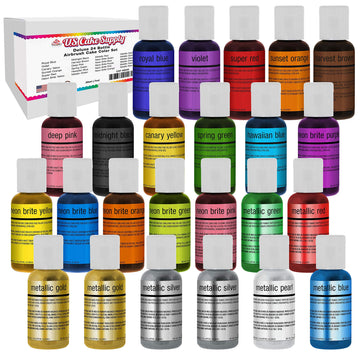 U.S. Cake Supply Deluxe 24 Bottle Airbrush Cake Color Set - The 22 Most Popular Colors In 0.7 Fl. Oz. (20Ml) Bottles - Safely Made In The Usa Product