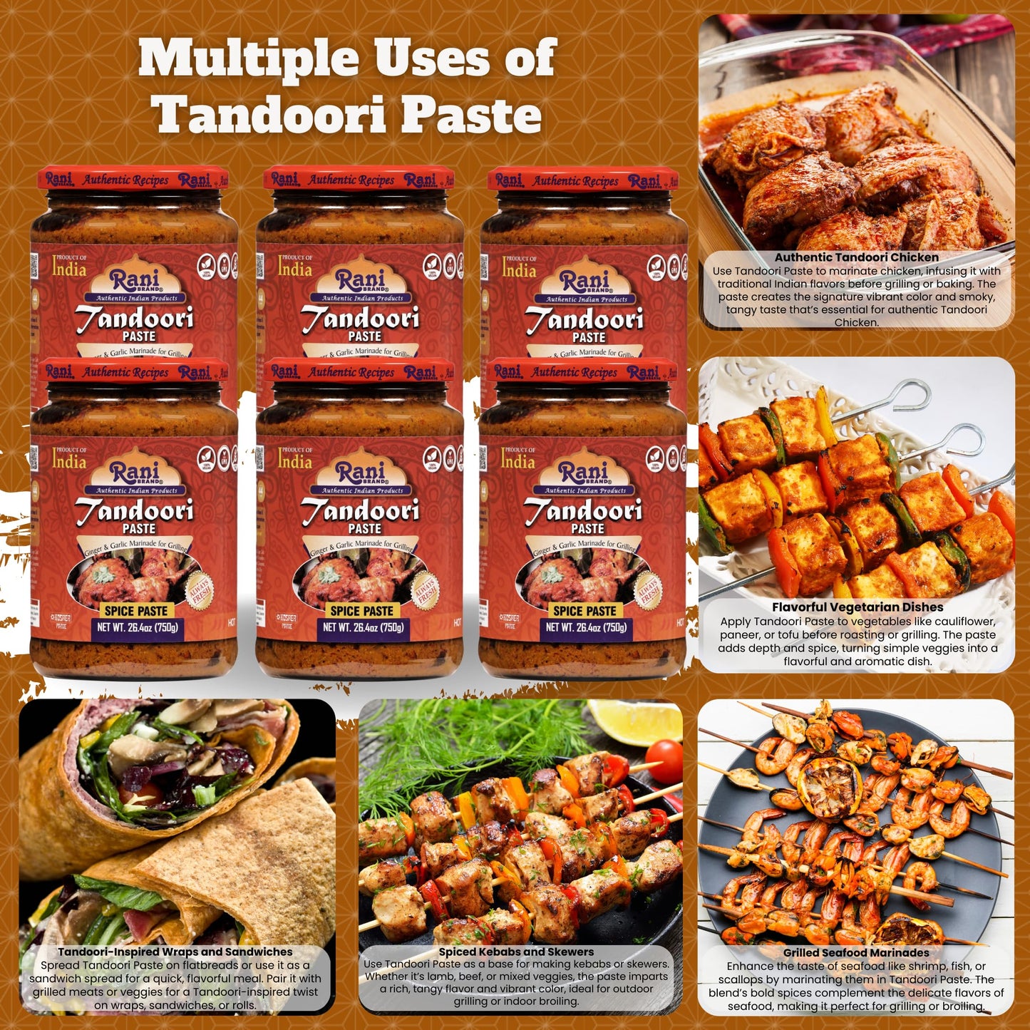 Rani Tandoori Paste (No Colors) 26.5Oz (750G) Glass Jar, Pack Of 5+1 Free ~ For Tandoori Chicken, Chicken Tikka, Paneer Tikka |