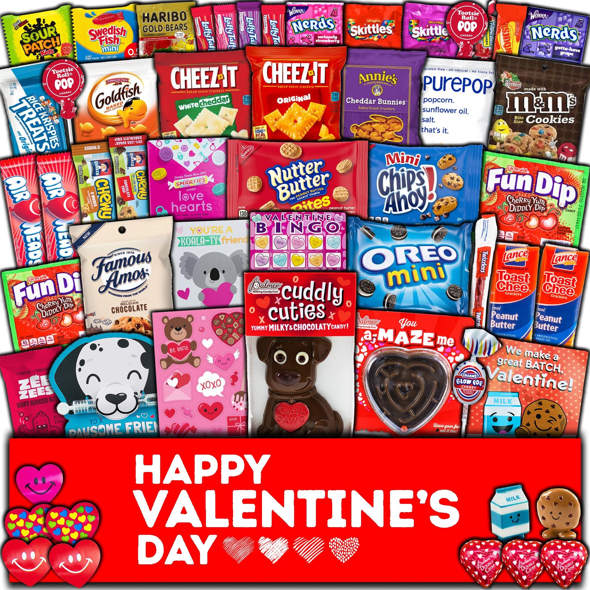 CRAVEBOX Valentines Day Gift Care Package - 50ct Assorted Snacks & Chocolates for Kids & Adults