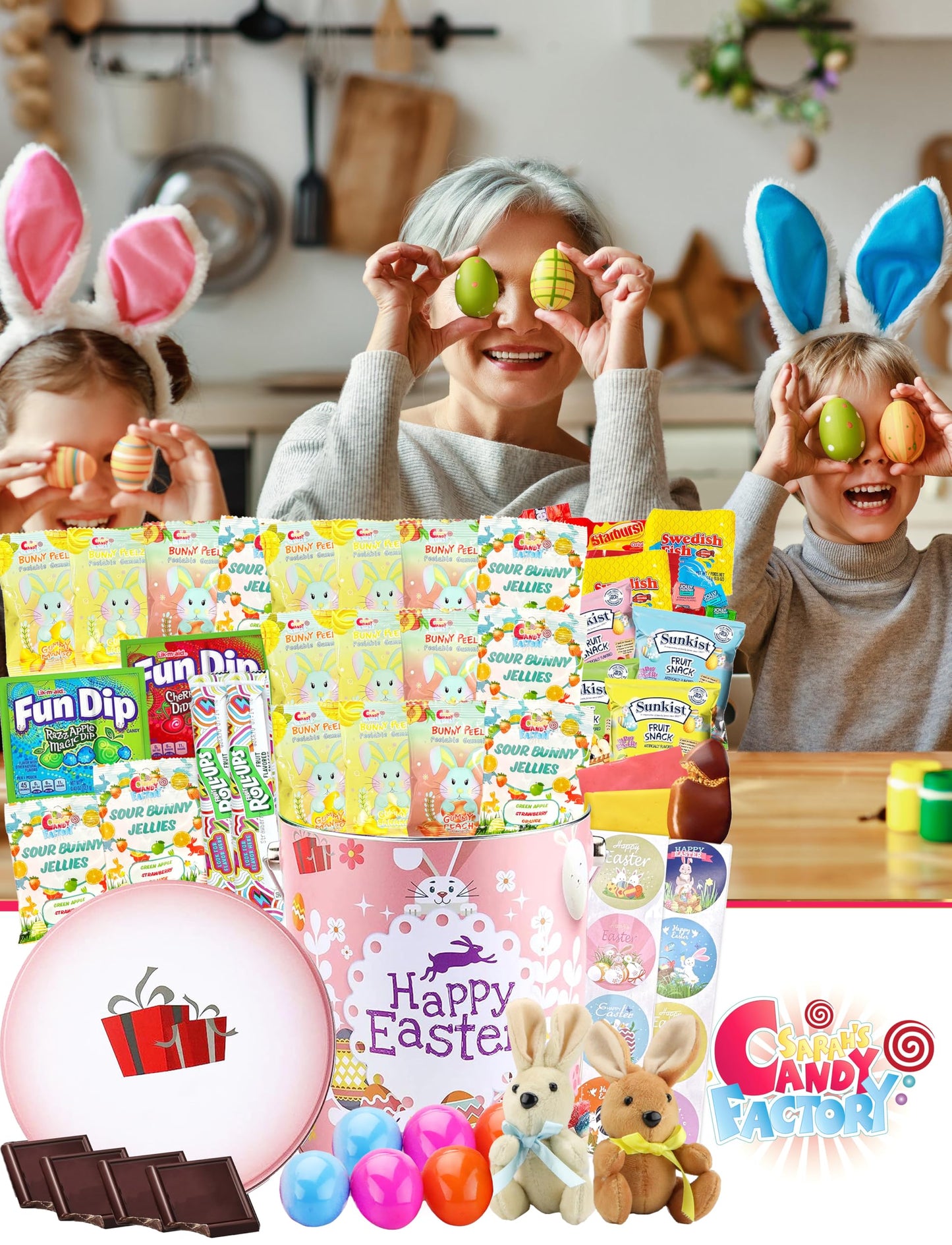 Sarahs Candy Factory Easter Snack Tin - 60 Count Candy, Peelable Gummies, Medium to Large, Pink - Style 2