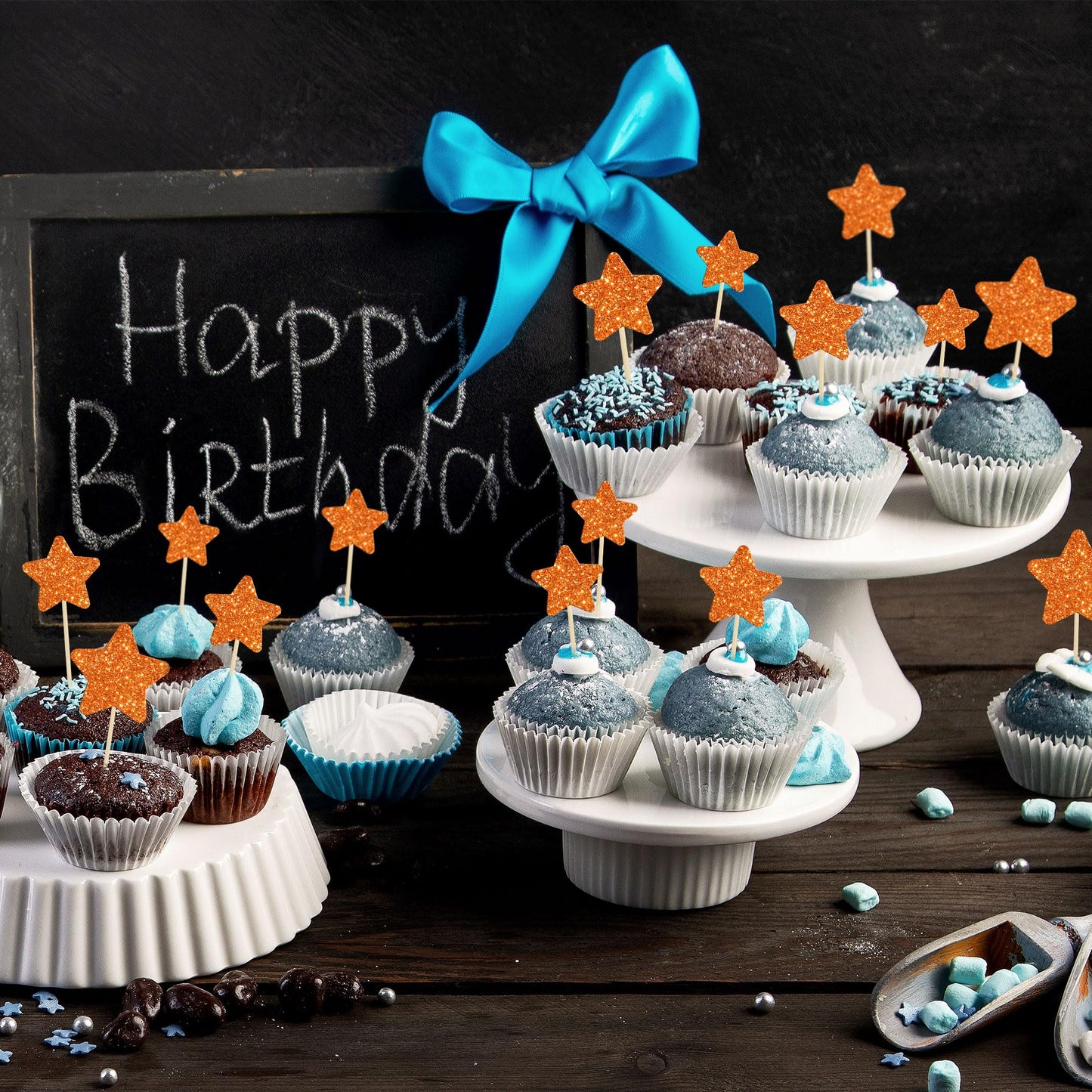 Gyufise 42Pcs Mixed Size Little Star Cupcake Toppers Orange Glitter Twinkle Star Cupcake Picks Wedding Engagement Bridal Shower