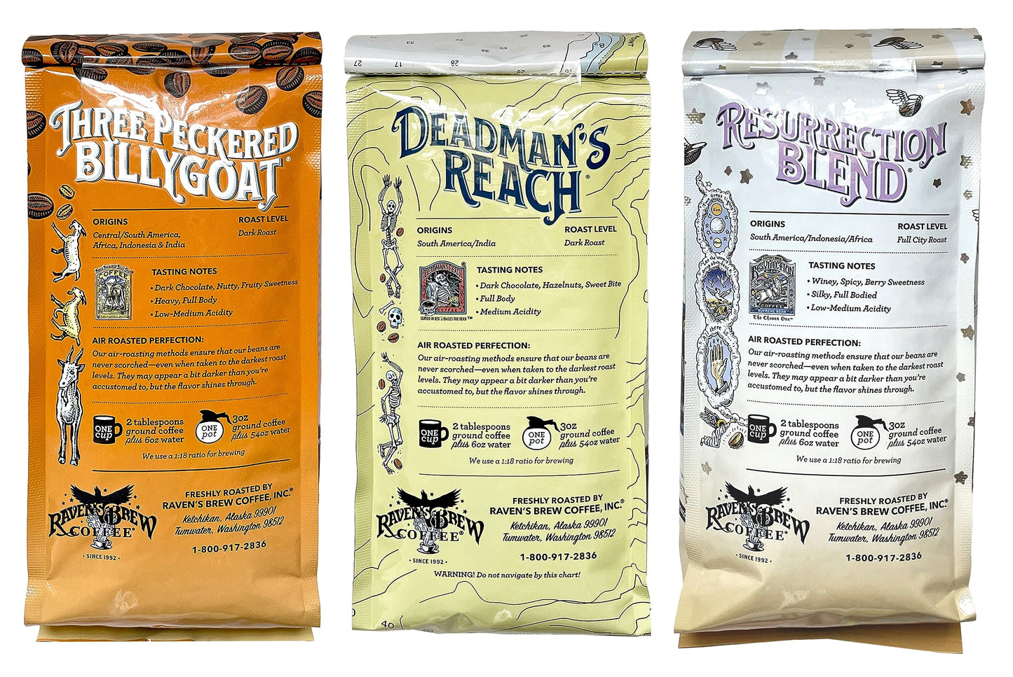 Ravens Brew Whole Bean Coffee Variety Pack - 3 Delicious Flavors - Three Peckered Billy Goat  Deadmans Reach and Resurrection Blend - 12oz each