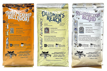 Ravens Brew Whole Bean Coffee Variety Pack - 3 Delicious Flavors - Three Peckered Billy Goat  Deadmans Reach and Resurrection Blend - 12oz each
