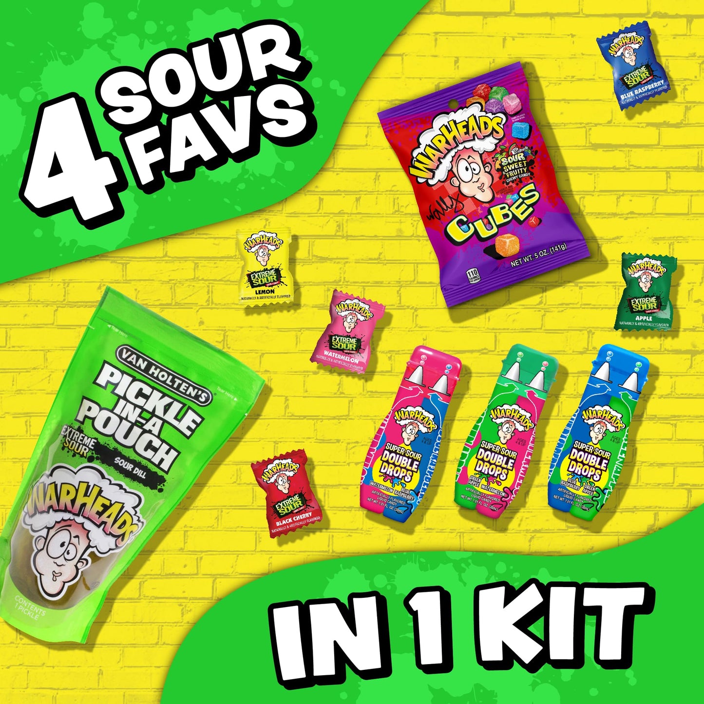 Van Holten'S Pickle Kit - Warheads Jumbo Sour Dill Pickle-In-A-Pouch With Warheads Cubes 5 Oz Peg Bag, Warheads Double Drops, An