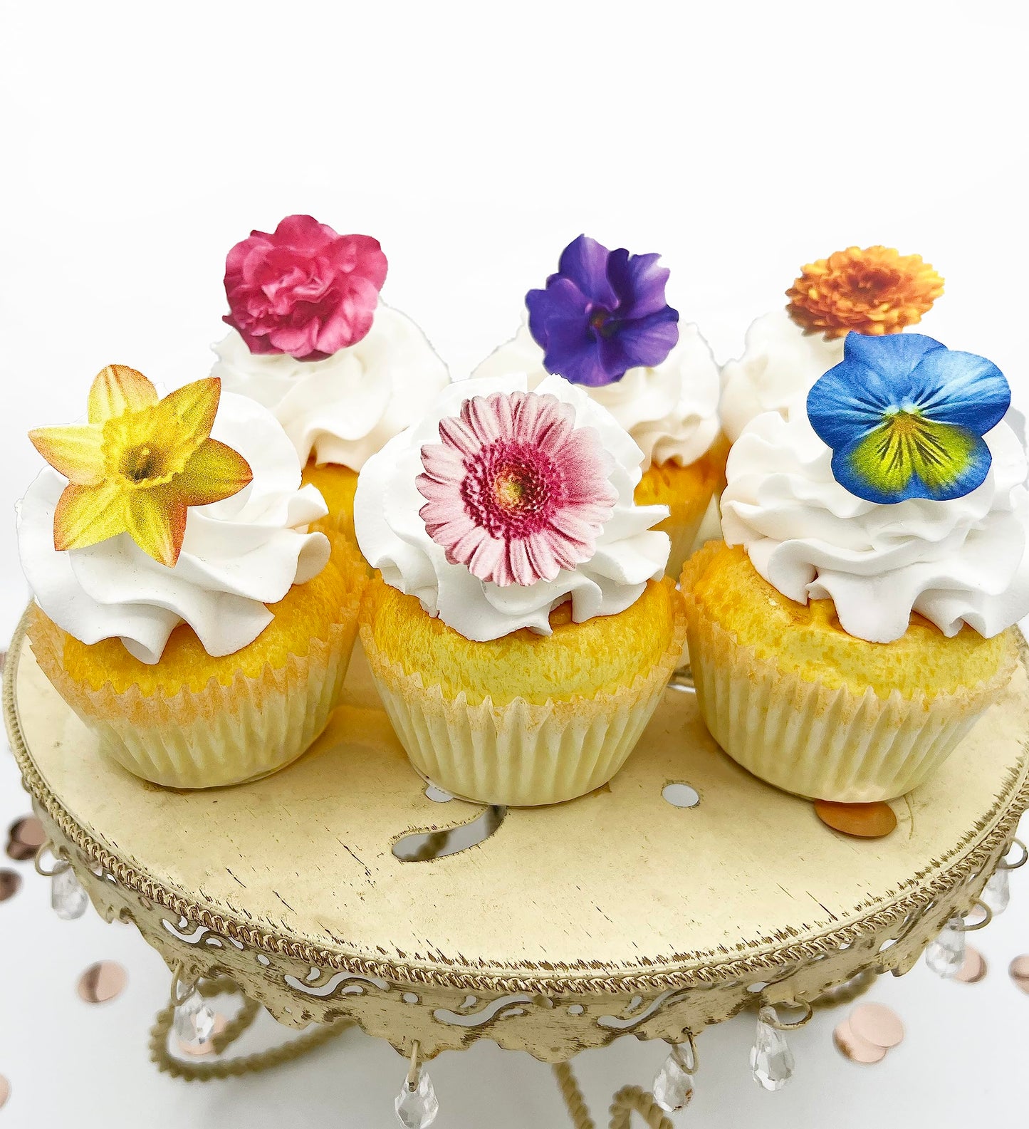 Sugar Robot Edible Wafer Flowers Set of 24 - Small 2.5 Pansy Decorations - Purple and Yellow - Made in the USA