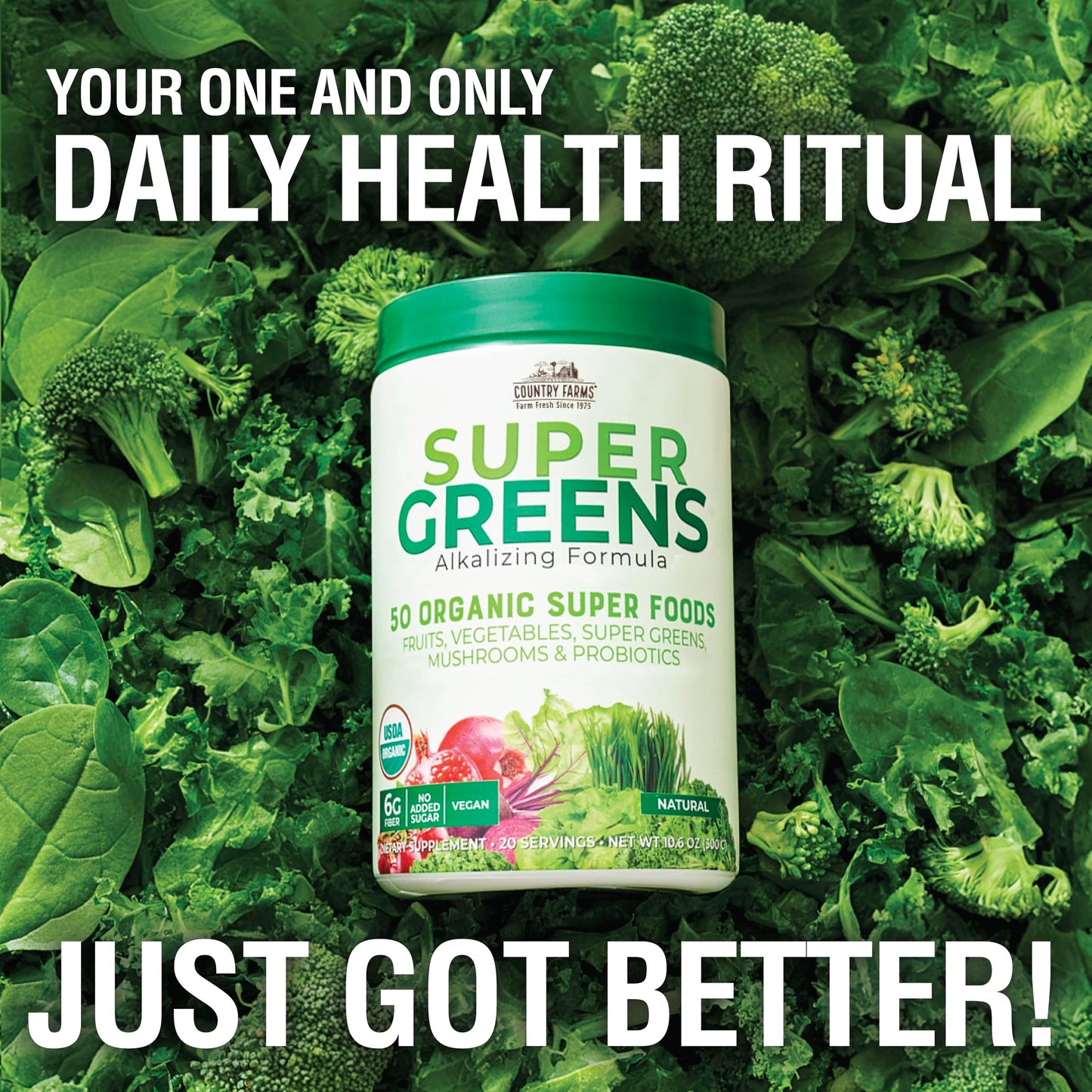 COUNTRY FARMS Super Greens Drink Mix, 50 Organic Super Foods, 10.6 Oz, Multi Color, Model N9267