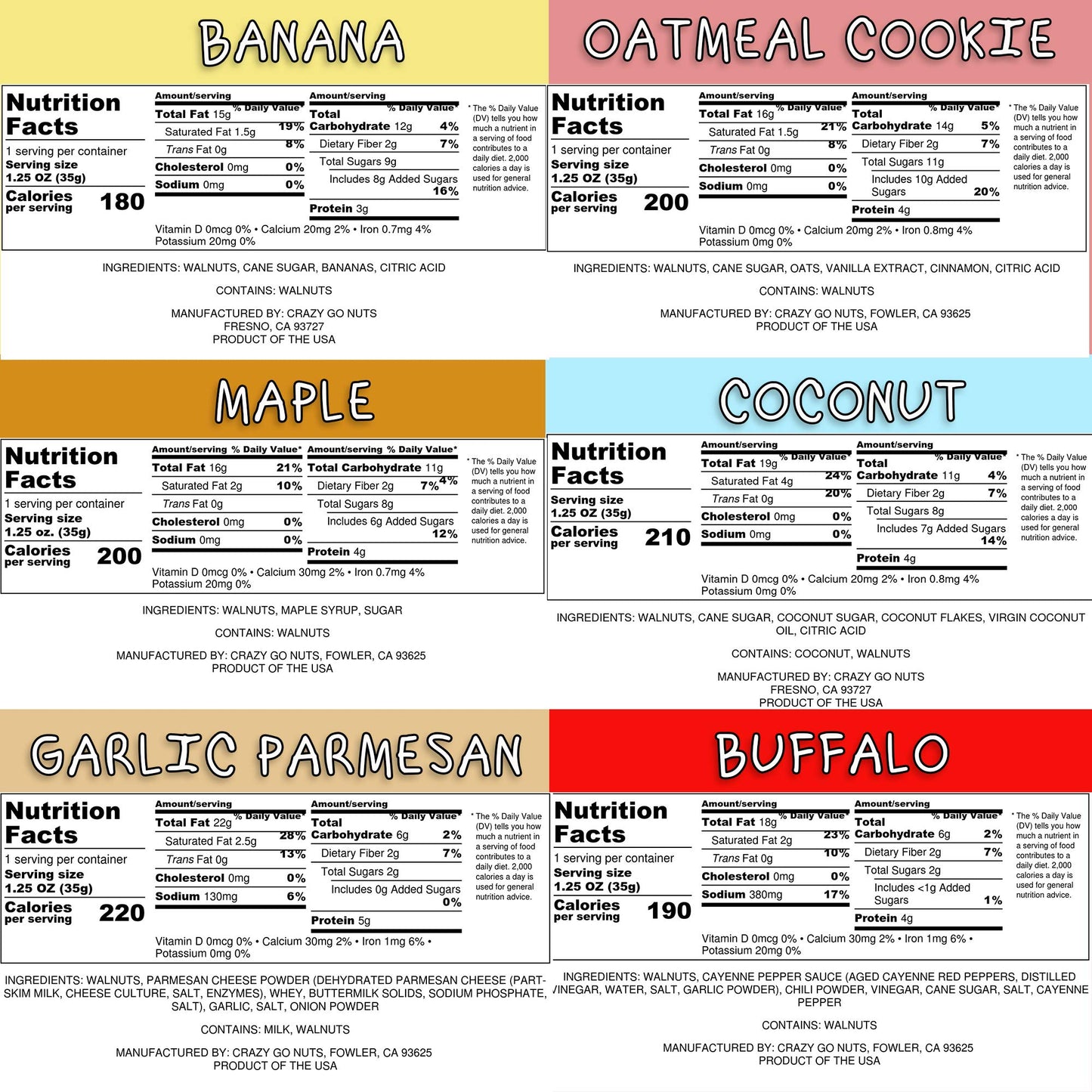 Crazy Go Nuts Walnuts Sampler 6-Pack - Banana, Buffalo, Coconut, Garlic Parmesan, Maple, and Oatmeal Cookie - Healthy Snacks, Gl