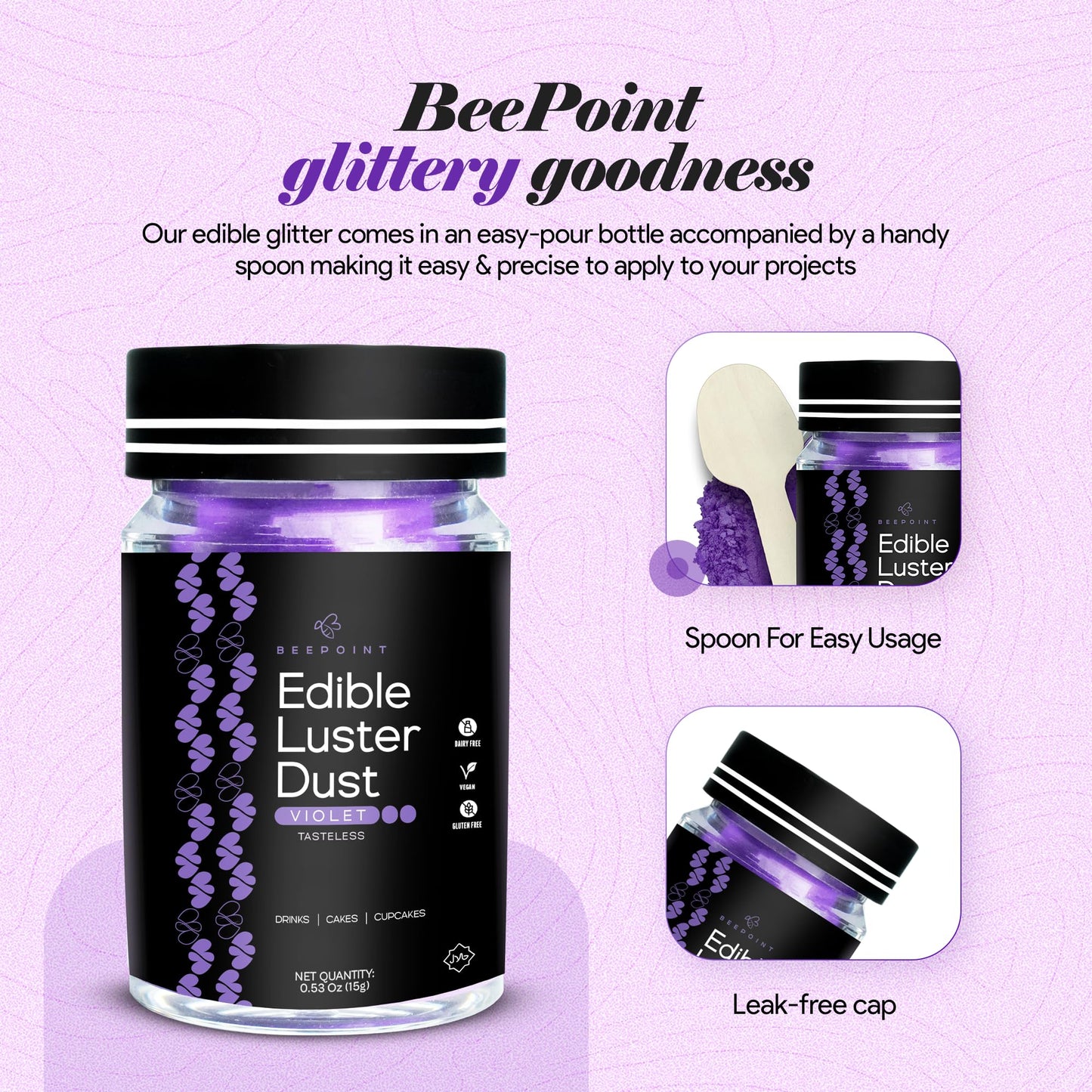 BeePoint Edible Glitter Luster Dust - Violet, 15g Food Grade Shimmer Powder for Baking, Cocktails, Cakes, Sweets, Vegan & Gluten Free
