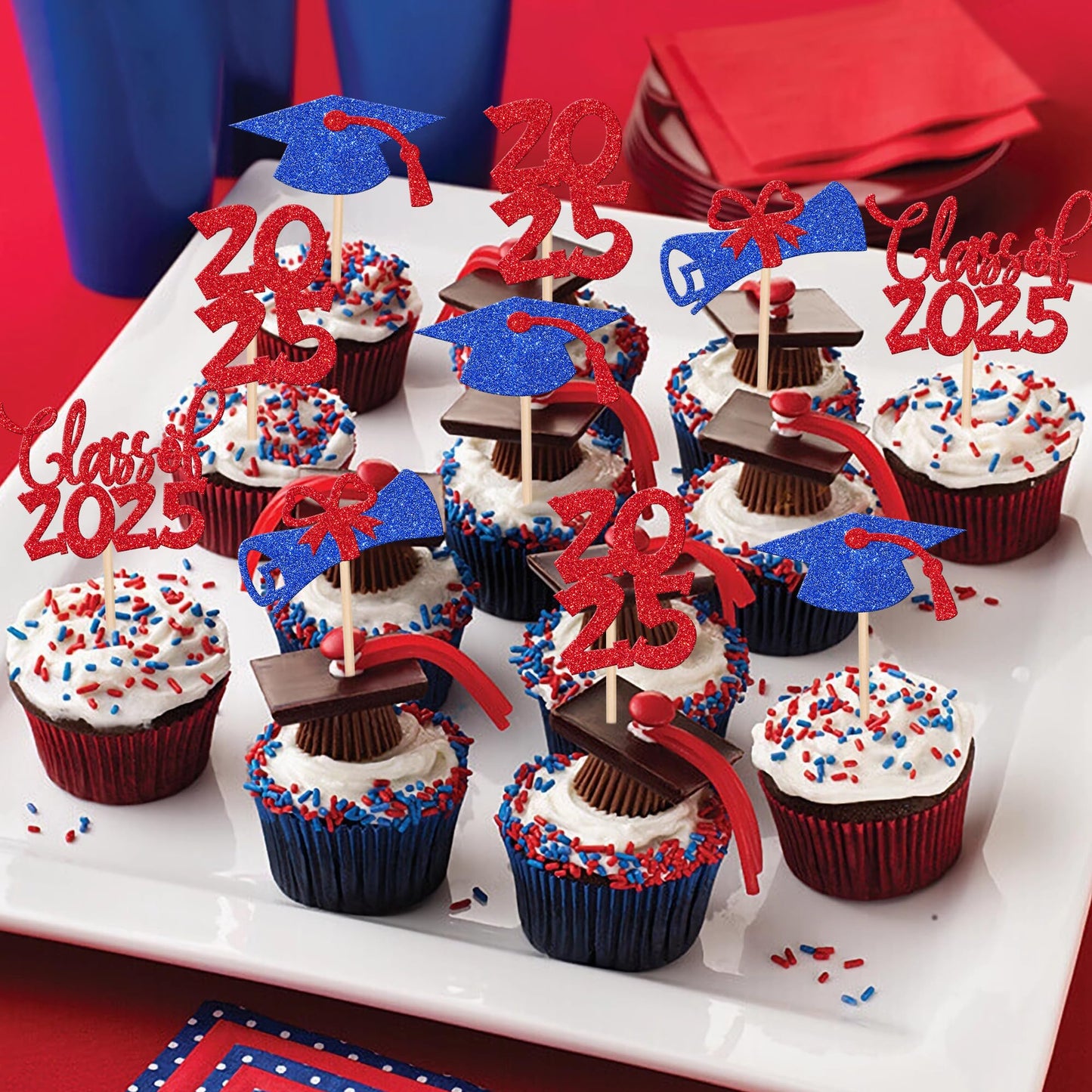 24 Pcs 2025 Graduation Theme Cupcake Toppers Glitter Congrats Grad Diploma 2025 Graduation Cap Cupcake Picks Class Of 2025 Cake