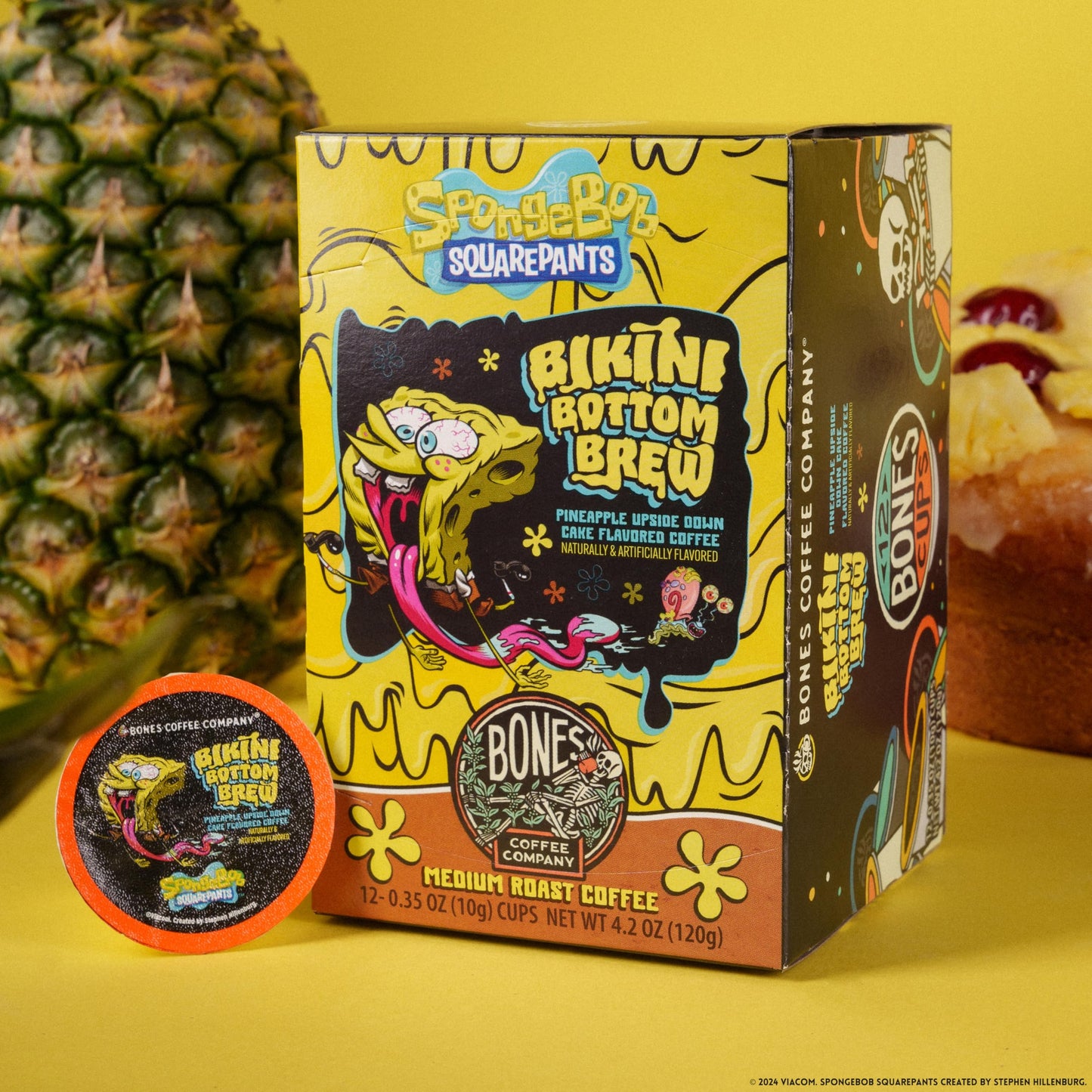 Bones Coffee Company Flavored Coffee Bones Cups Bikini Bottom Brew Flavored Pods Pineapple Upside Down Cake Flavor | 12Ct Single