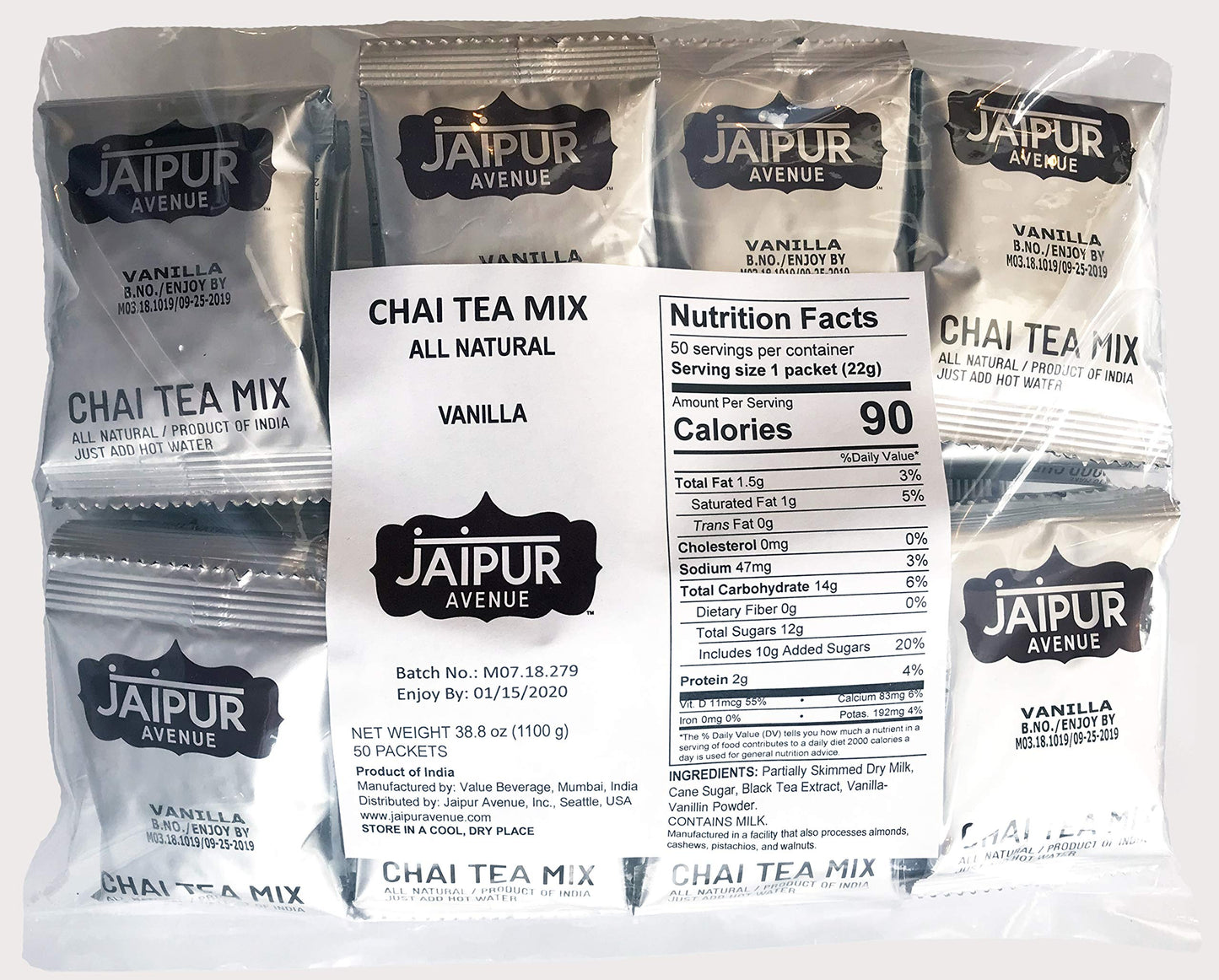 Jaipur Avenue Vanilla Chai Tea Mix Crafted with All-Natural Assam Black Tea, Vanilla, Cane Sugar, and Premium Dry Milk - Preserv