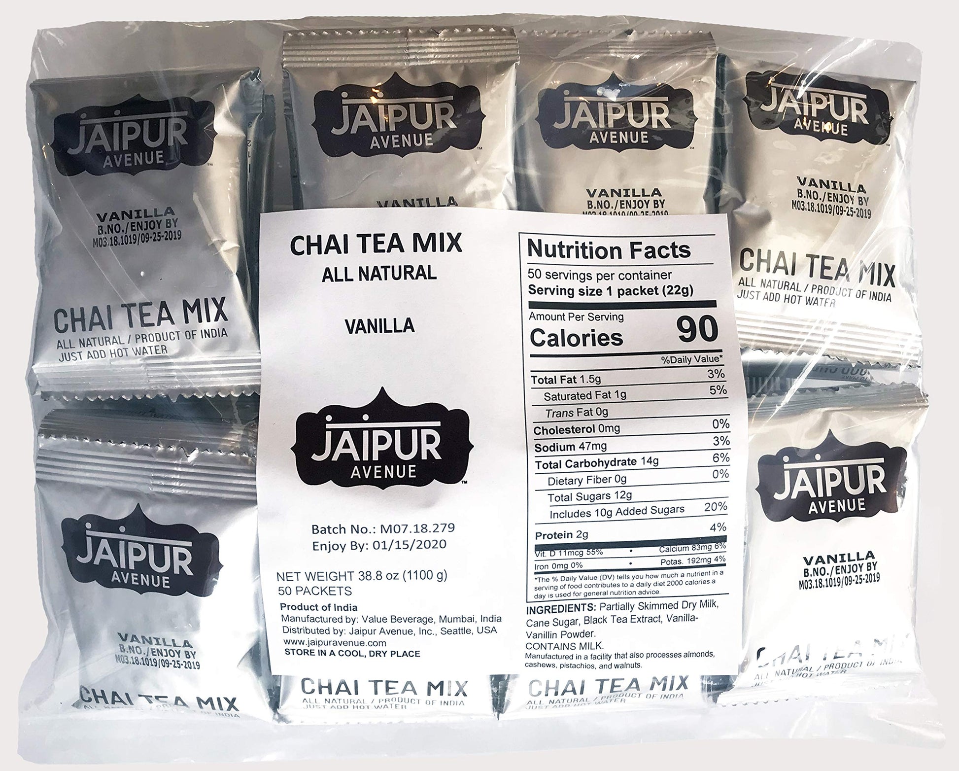 Jaipur Avenue Vanilla Chai Tea Mix Crafted with All-Natural Assam Black Tea, Vanilla, Cane Sugar, and Premium Dry Milk - Preserv