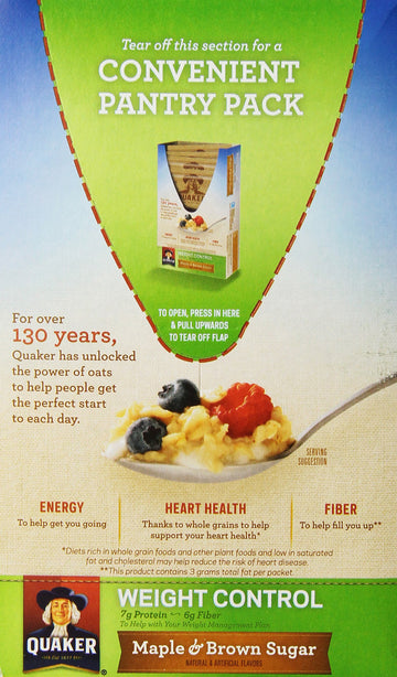 Quaker Instant Oatmeal Fiber&Protein (Previously Weight Control), Maple Brown Sugar, 8-Count Boxes (Pack of 4)