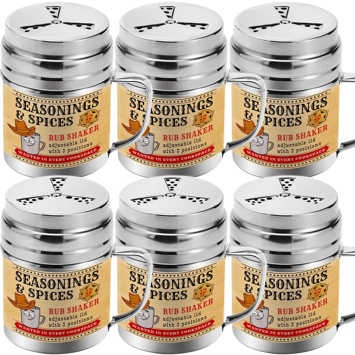 CUSINIUM Spice Shakers Set of 6 - 10 oz BBQ Dry Rub with Adjustable Fan Lid