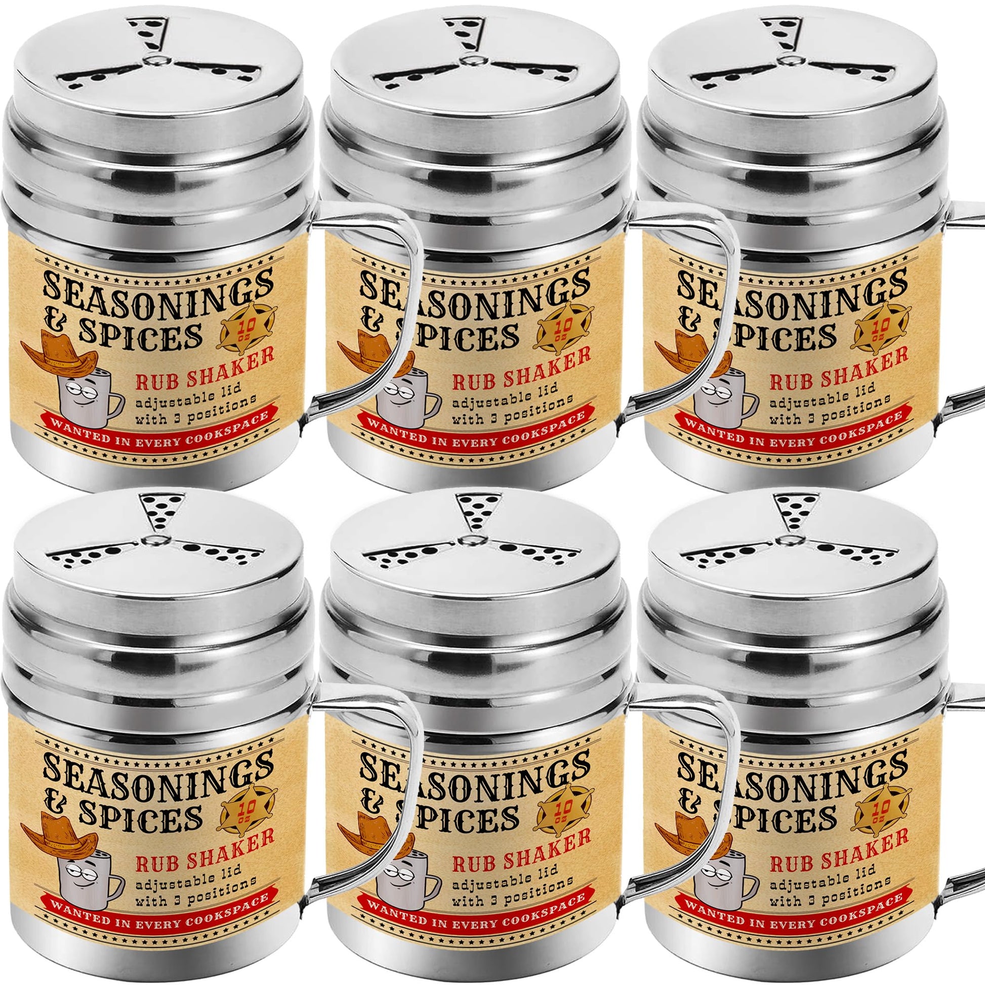 CUSINIUM Spice Shakers Set of 6 - 10 oz BBQ Dry Rub with Adjustable Fan Lid