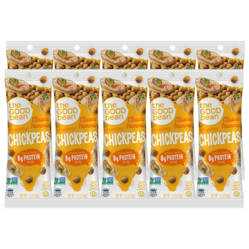 The Good Bean Crunchy Chickpeas - Classic Hummus - (10 Pack) 1.4 Oz Packet - Roasted Chickpea Beans - Vegan Snack With Good Sour