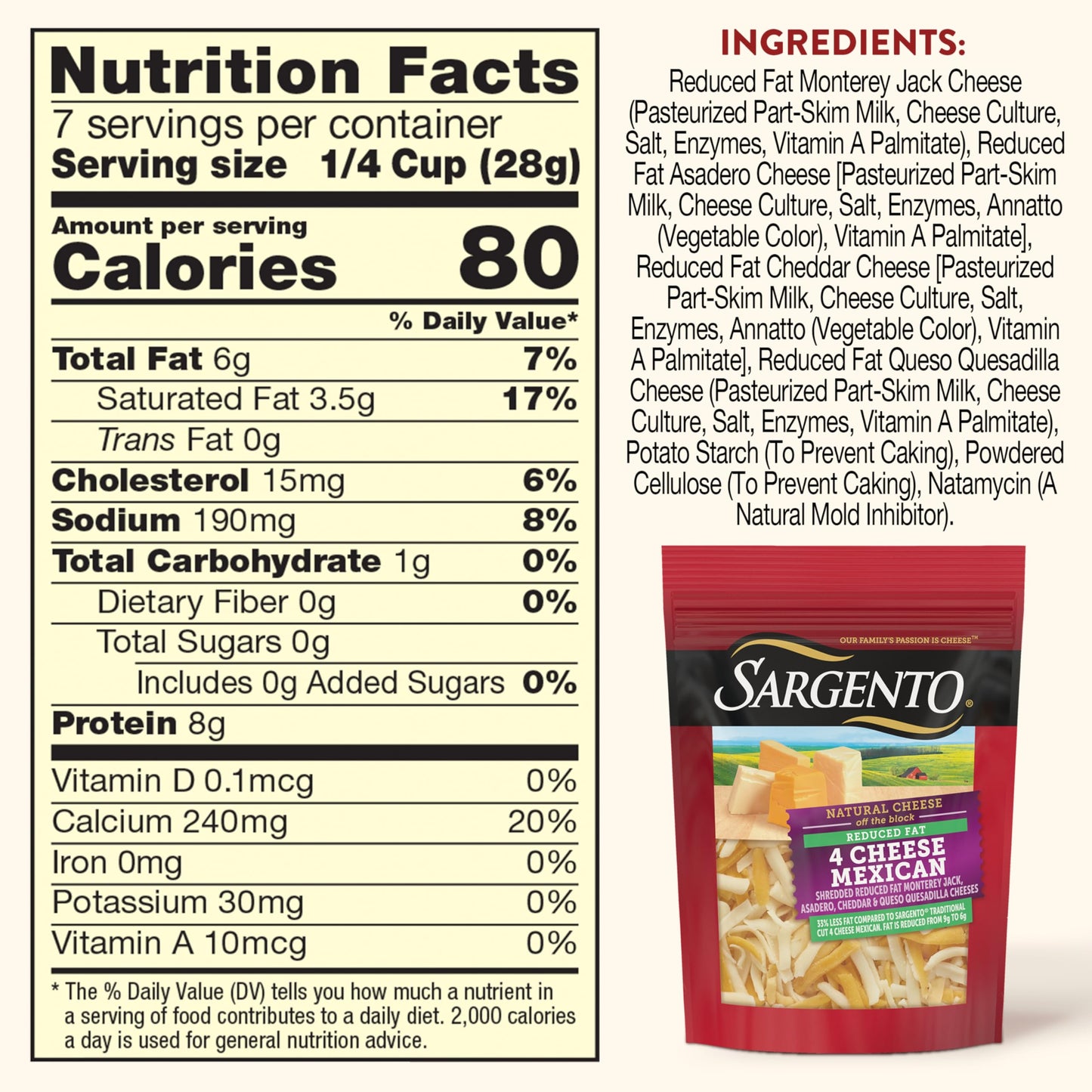 Sargento Reduced Fat Natural 4 Cheese Mexican Shredded Cheese, Traditional Cut, 7 oz