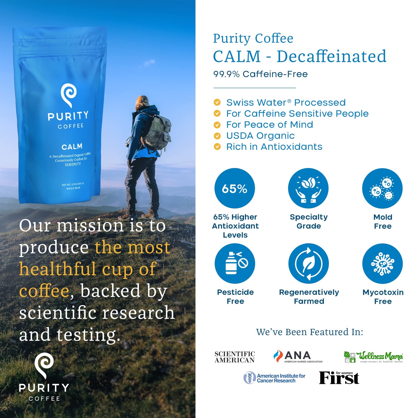 Purity Coffee CALM Decaf Medium Roast Whole Beans - USDA Certified Organic Specialty Grade Arabica Swiss Water Processed Decaffeinated - Third Party Tested for Mold  Mycotoxins  Pesticides - 12 oz Bag