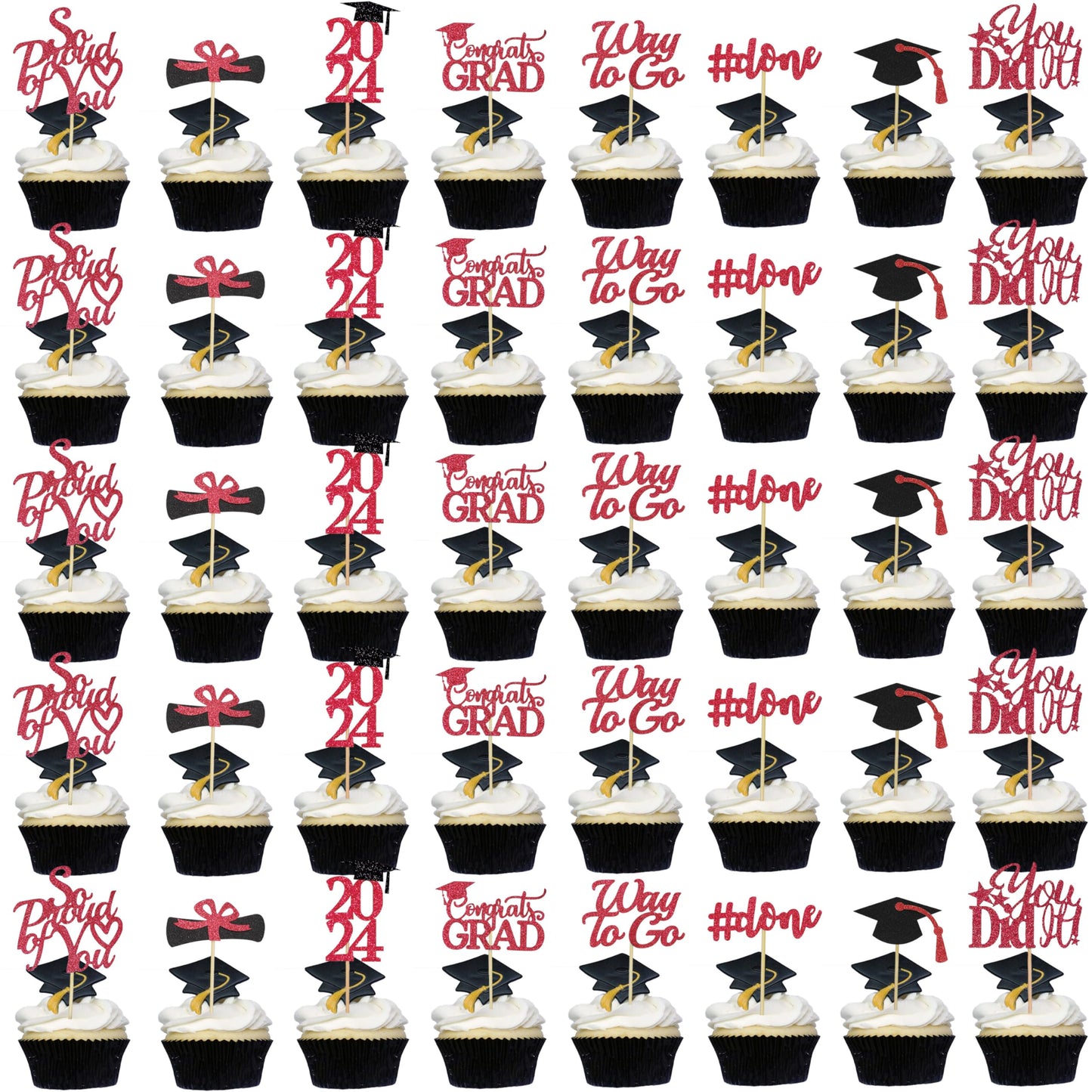 Graduation Cupcake Toppers 2024 Red, Glitter Class Of 2024 Cupcake Toppers Supplies, Class Of 2024 Congrats Grad Cap Diploma Cup