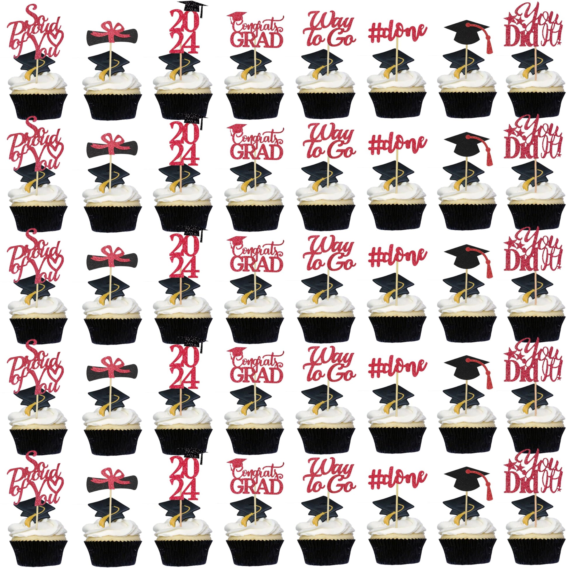 Graduation Cupcake Toppers 2024 Red, Glitter Class Of 2024 Cupcake Toppers Supplies, Class Of 2024 Congrats Grad Cap Diploma Cup