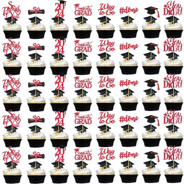 Graduation Cupcake Toppers 2024 Red, Glitter Class Of 2024 Cupcake Toppers Supplies, Class Of 2024 Congrats Grad Cap Diploma Cup