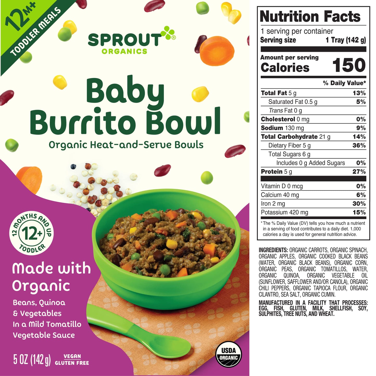 Sprout Organic Baby Food, Toddler Meals, Veggie Burrito Bowl With Beans & Quinoa, 5 Oz Bowl (8 Count)