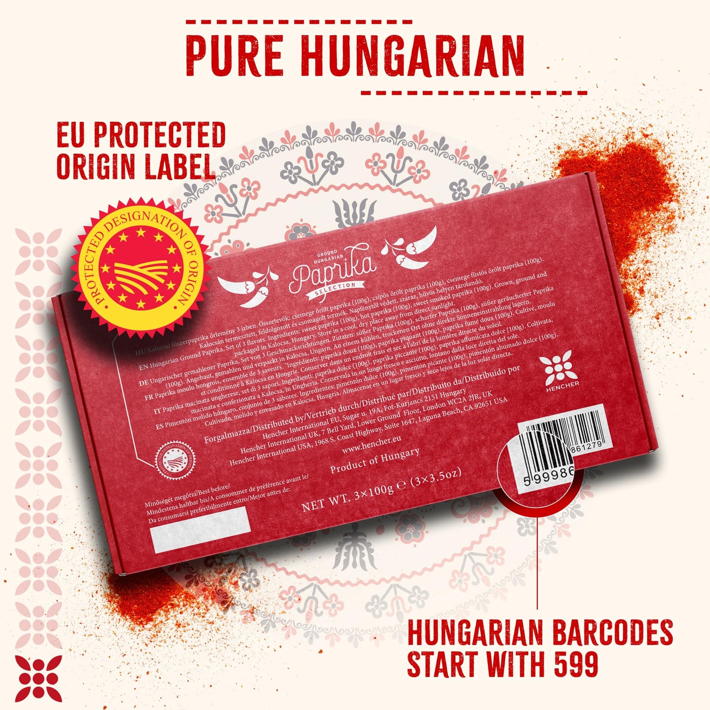 Hencher Hungarian Paprika Powder Gift Set - 3 Flavors (Sweet, Hot, Smoked) - 3x100g/3.5oz