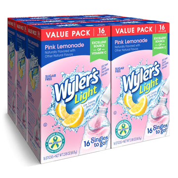 Wyler s Light Singles To Go Powder Packets, Water Drink Mix, Pink Lemonade, 16 Count, 6 Boxes (96 Single Servings)