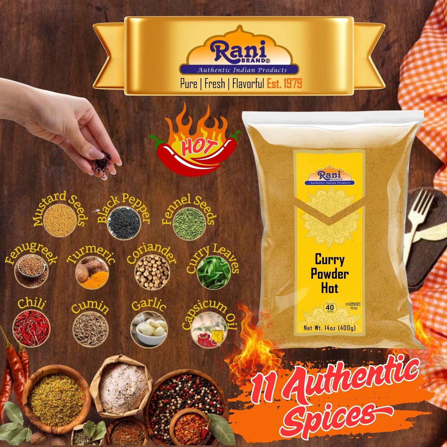 Rani Curry Powder Hot (11-Spice Authentic Indian Blend) 14oz (400g) ~ All Natural | Salt-Free | Vegan | No Colors | Gluten Frien