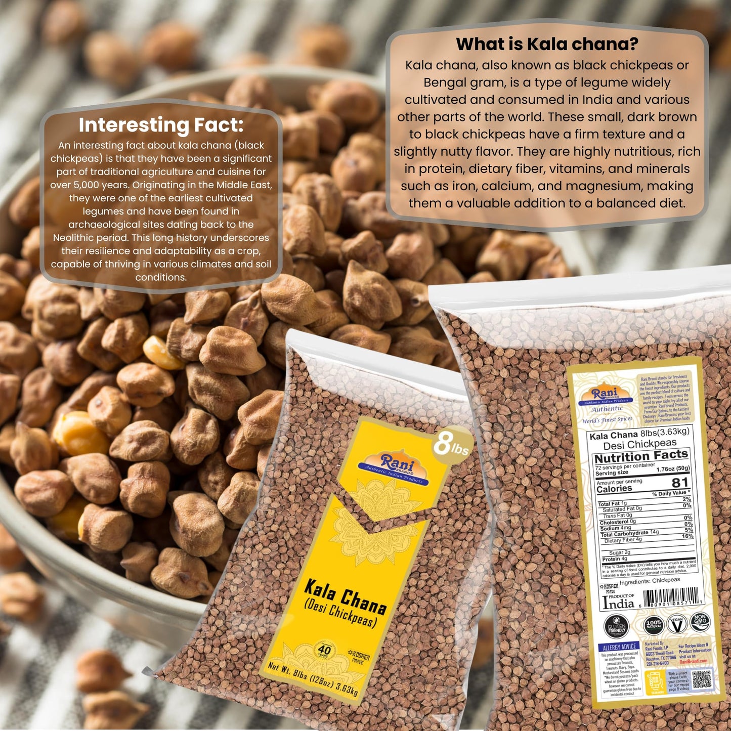 Rani Kala Chana (Desi Chickpeas Chana With Skin) 128Oz (8Lbs) 3.63Kg Bulk ~ All Natural | Gluten Friendly | Non-Gmo | Kosher | V