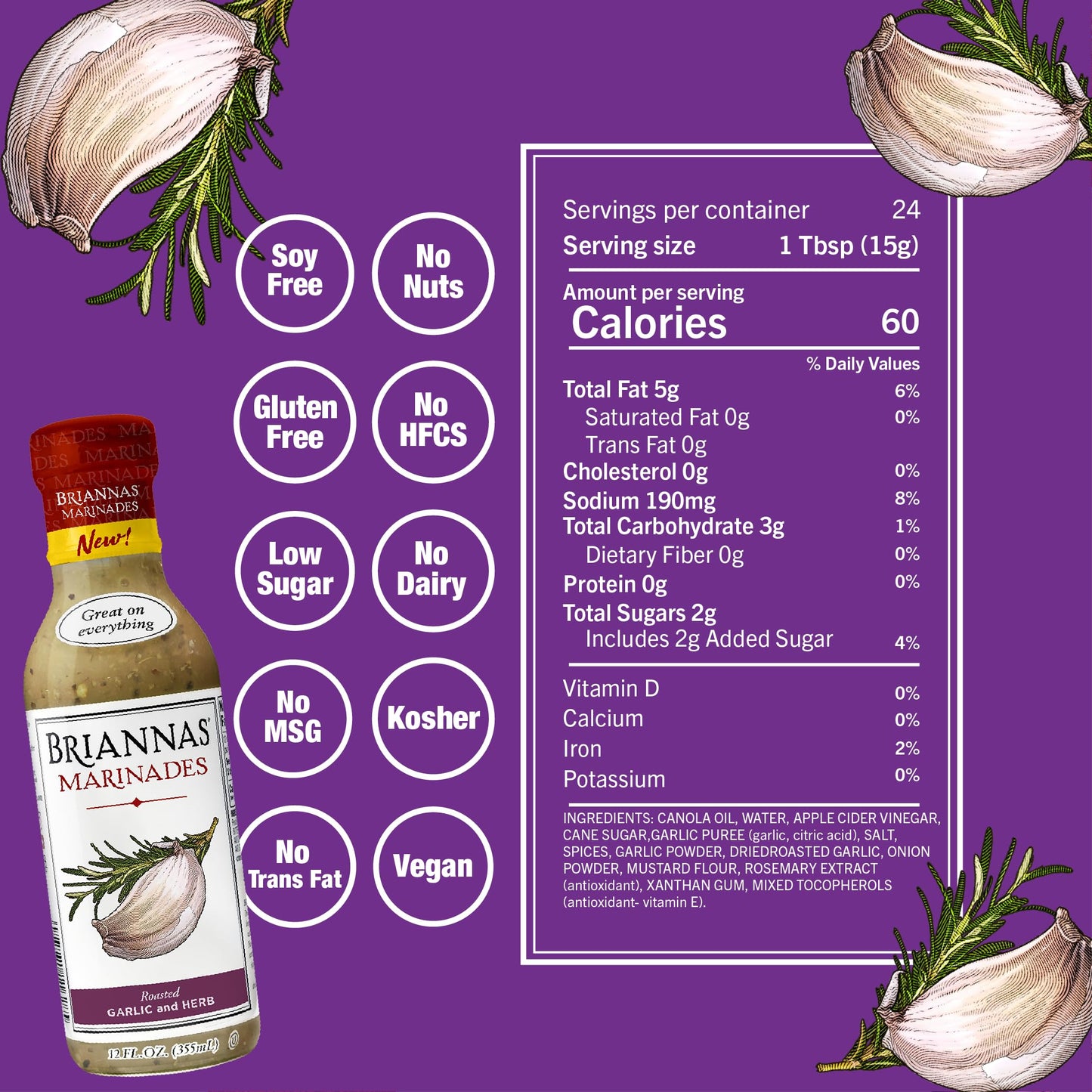 Briannas - Roasted Garlic & Herb Marinade - Small Batch, Gluten Free, Vegan Marinade Made With Premium Ingredients - 12 Oz. Bott